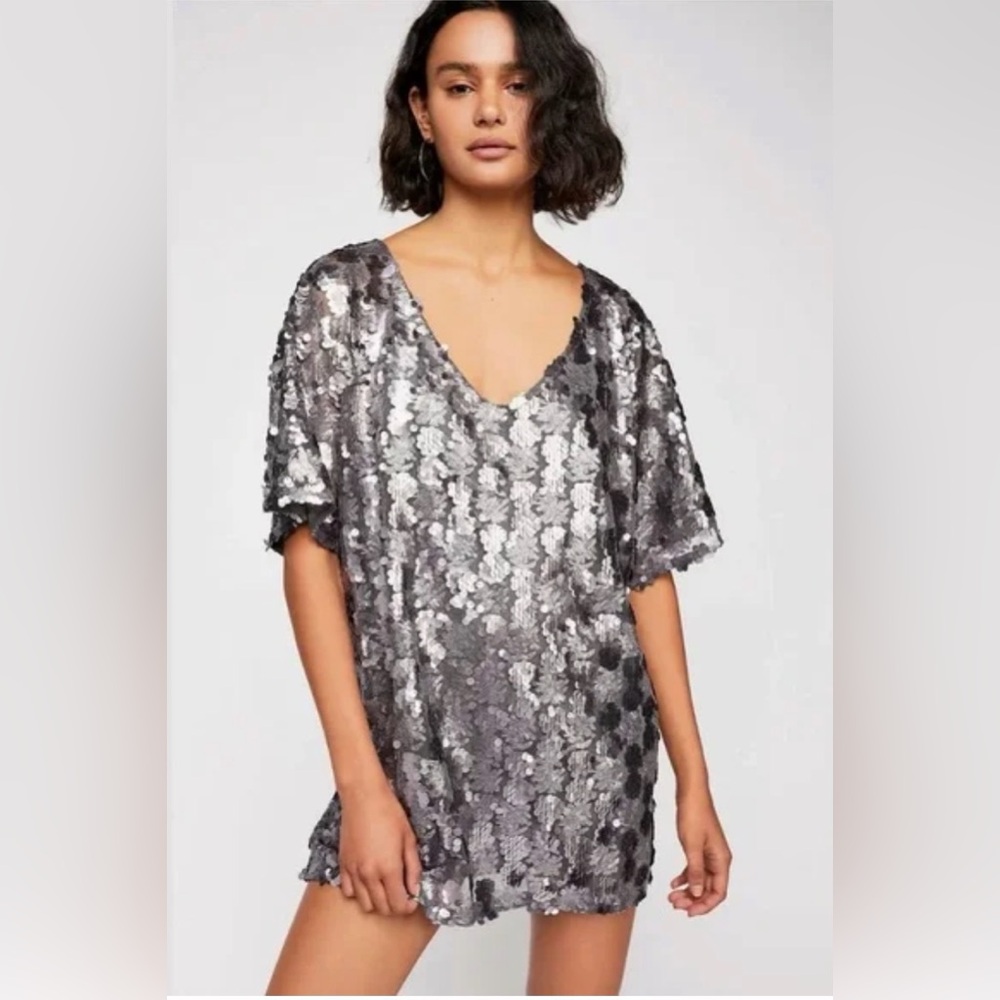 Free People Silver Sequin T-shirt Mini Dress